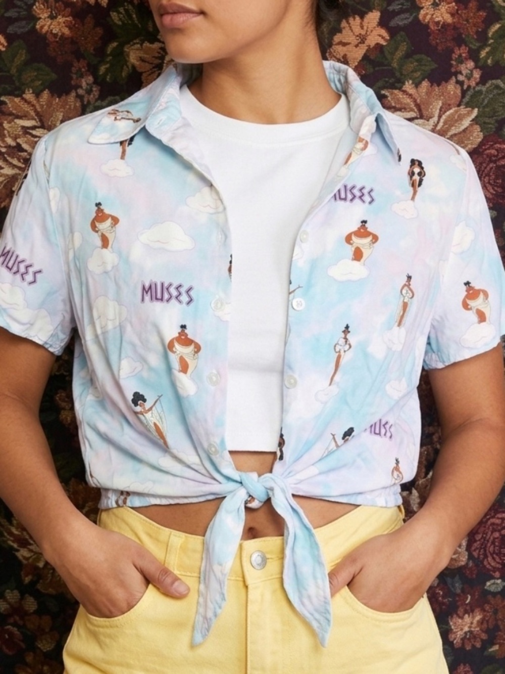 Disney x Our Universe Hercules Muses Cloud Print Tie-Front Blouse - M
